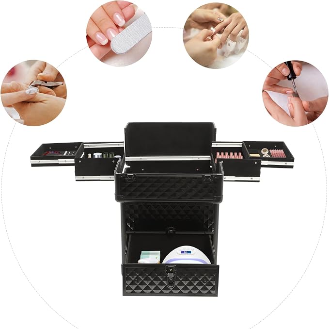 Professional Rolling Makeup Train Case with Lock, 7 Compartments 44lbs Capacity Rolling Nail Case Adjustable Organizer for Makeup Artists, Hairstylists, Pet Groomers (Black)