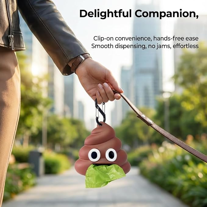 Dog Poop Bag Dispenser for Dog Leash, Poop Shape Sturdy Holder | Cute and Unique Design, Portable for Dog Walking, Comes With 1 Roll 15 Waste Bags