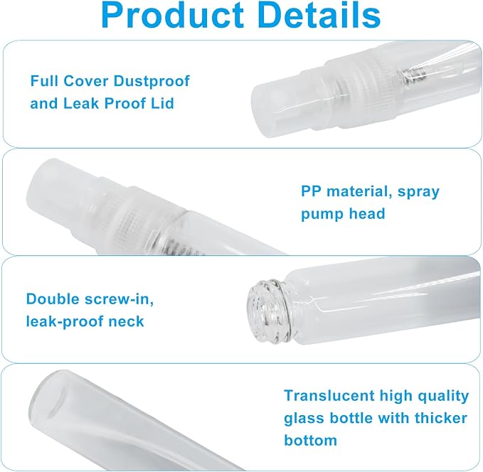 8ml Mini Spray Bottle, 10 Pack Glass Refillable Atomizer | Fine Mist, Travel Size, For Fragrance Oils & Perfume, Clear