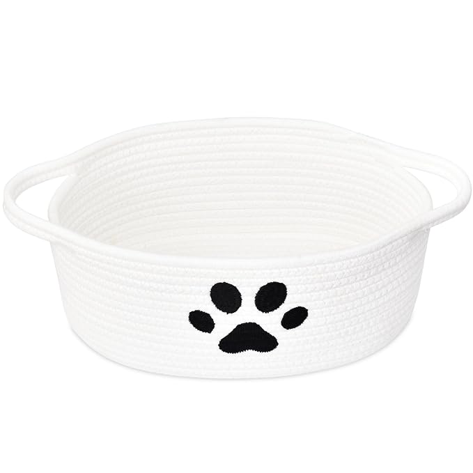 Small Woven Basket with Handle, Cute Dog Paw Baskets for Gifts Empty, Decorative Rope Woven Storage Dog Toy Basket, Nursery Baskets for Baby Shower, 12" x 8" x 5"