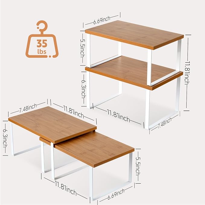 2 Pack Expandable Cabinet Shelf, Wood & Metal Warm Bamboo | 2pack expandable cabinet shelf organizer 11.8-23.2 wood&metal 35lbs natural kitchen pantry spice rack stackable
