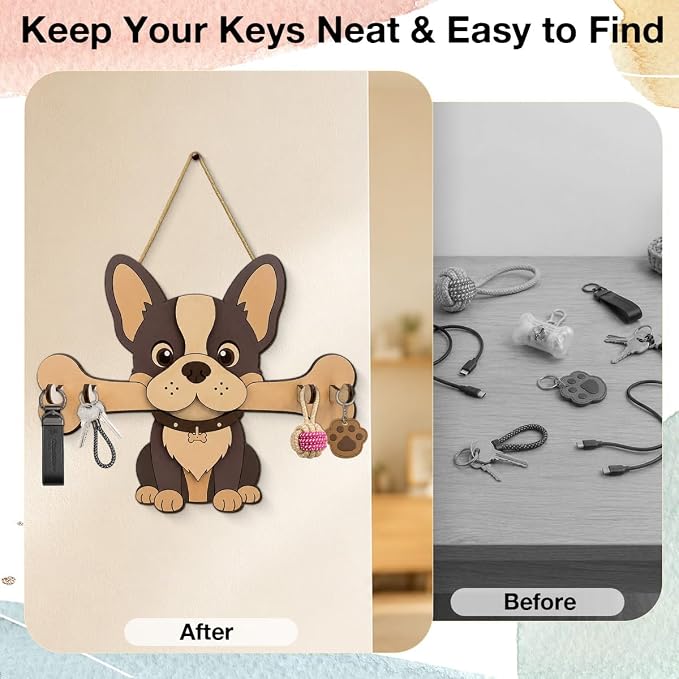 Dog Leash Holder for Wall, Cute Key Holder Wall Mount with 4 Keys Hooks, Dog Wooden Key Hooks for Collars, Entryway Garage Living Room Kitchen Mudroom