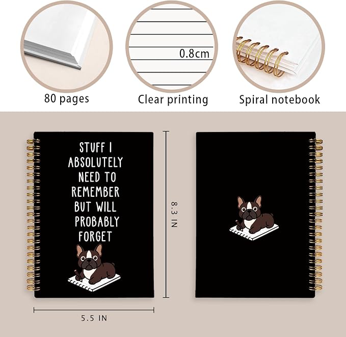 LIANGW Funny French Bulldog Notebook Journal Gifts for Women & Men | Frenchie Gifts for Women, for Coworkers, Black Hardcover Spiral Notebook 5.5x8.3 Inch