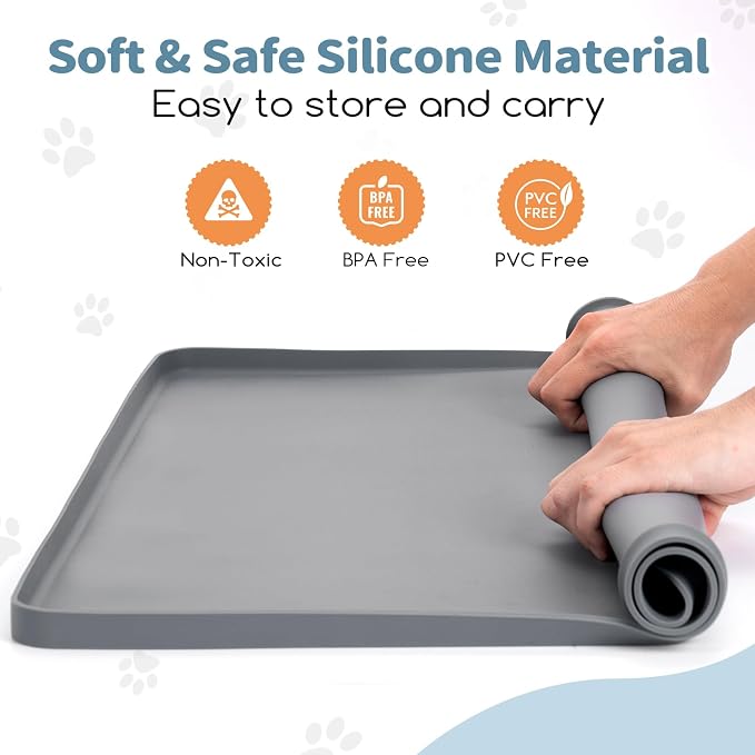 Pee Pad Holder for Dogs 24" x 24", Silicone Potty Tray with 4 Holder Clamps, High Edge No-Spill Dog Training Mat, Non-Slip Puppy Pad Tray Floor Protection for Indoor Use - Gray