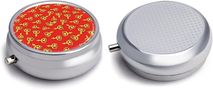 Round Purse Pocket Pill Box Red Cheese Pizza Painting 3 Compartment, Portable Metal Pill Case for Travel Fish Oil Vitamins