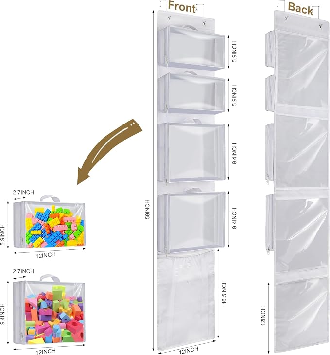 Over Door Toy Organizer, Hanging Stuffed Animal Storage with Removable Bags | White Toy Storage Case Behind Door for Block, Puzzle, Bi-Fold Closet Holder Idea with Mesh Pocket, Kid Boy Girl Nursery Room