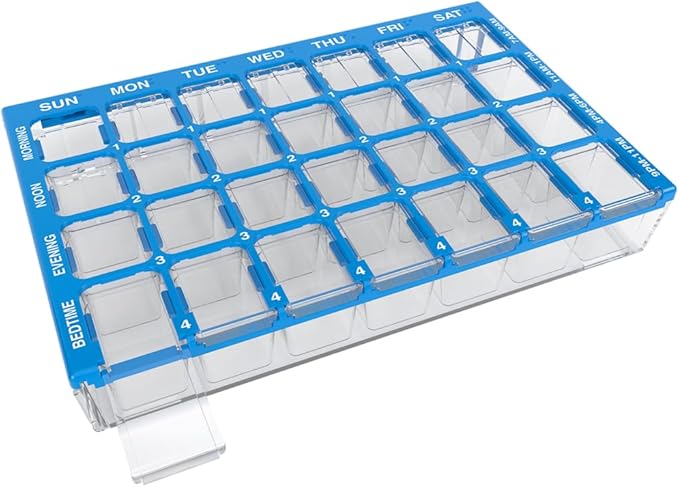 Ezy Dose Pharmadose Weekly 7-Day, 4X/Day Pill Organizer, Blue, Small | 28 Small Compartment Pill Case, Medicine Planner, Vitamin Organizer with Easy Fill Tray, BPA Free