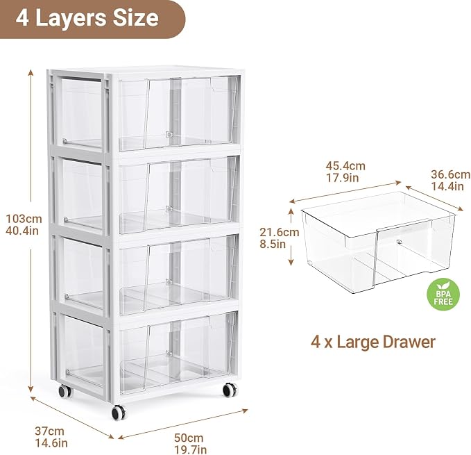 Extra Large Storage Drawer Cart, Storage Boxes 4 Tier-4 Drawer | With 1 Set Wheels, Stackable and Detachable Storage Unit, Home Kitchen Organizer for Art Craft Supplies Bedroom Bathroom