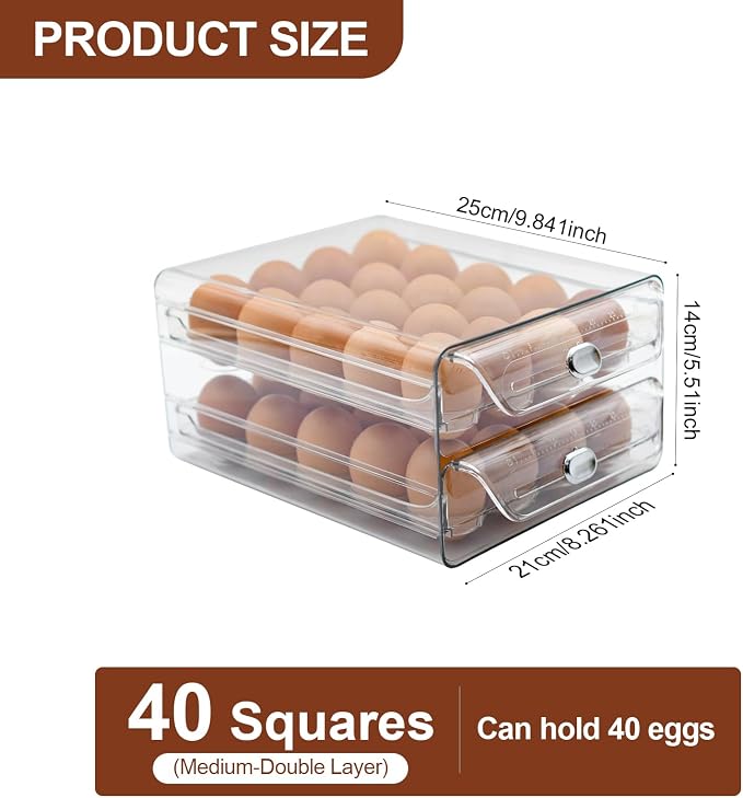 2 Tier Egg Holder for Refrigerator, 40 Eggs Clear Drawer Organizer | Clear Stackable Holder Tray with Drawer for Fridge, Storage Container with Handles for Refrigerator, Countertop, Kitchen