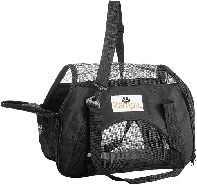 Airline Approved Soft Sided Pet Carrier by Zampa, Low Profile Travel Tote, Removable pad, Premium Zippers & Under Seat Compatibility, for Cats and Small Dogs (15" x 17" x 7", Black)