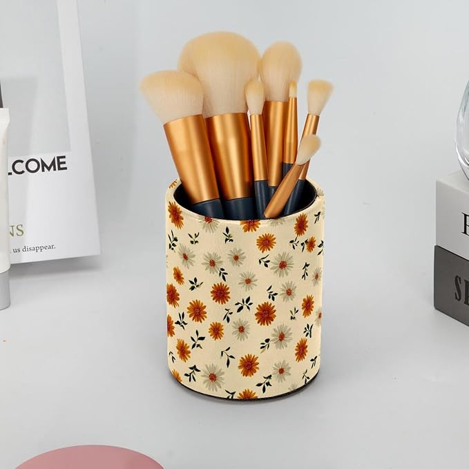 Faux Leather Pen Holder for Desk, Pencil Organizer Daisy Pen Cup Desk Decor Makeup Brush Holder Storage for Office Home