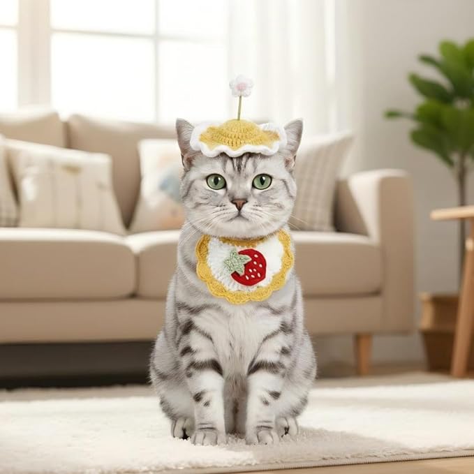 Handmade Cat Outfit – Yellow Flower Dog Hat & Strawberry Dog Costume for Cats,Rabbits and Small to Medium Dogs, Adjustable Cute Outfit for Cat Birthday, Holiday, Daily Wear & Photos