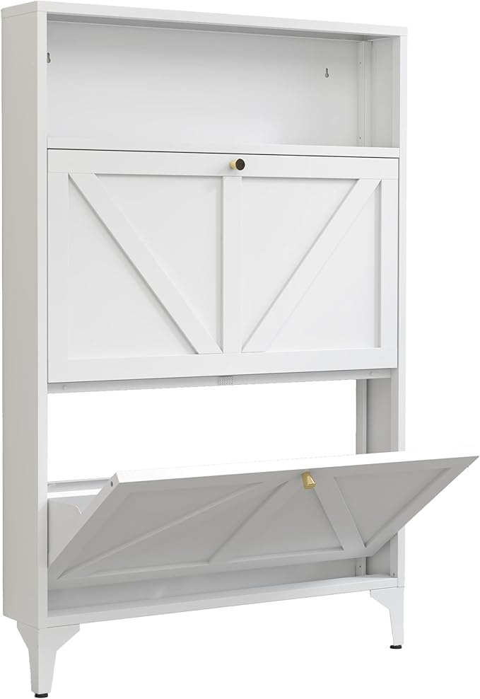 Shoe Cabinet with 2 Flip Drawers, Narrow Shoe Storage Cabinet, Farmhouse Shoe Organizer, Freestanding Organizer with Metal Legs for Entryway, Foyer (White, 2 Door)