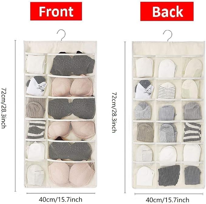 Closet Hanging Organizer with Mesh Pockets & Rotating Metal Hanger,Dual Sided Wall Shelf Wardrobe Storage Bags,Oxford Cloth Space Saver Bag for Bra Underwear Underpants Socks (white)