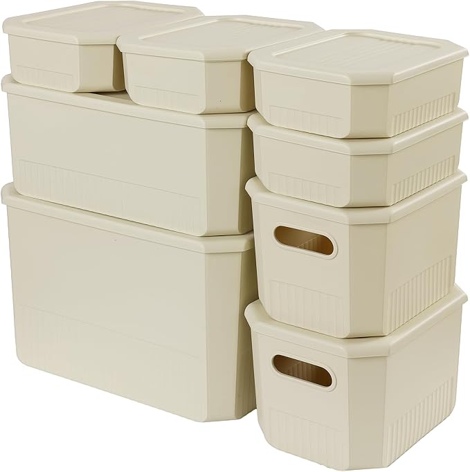ANMINY Plastic Storage Bins Baskets with Lids, 8-Pack, 1XL+1L+2M+4S | Large Plastic Bins, Sturdy PET, with Handles, Stackable, Opaque Storage Boxes, for Closet Shelves Desk, Ivory Lids