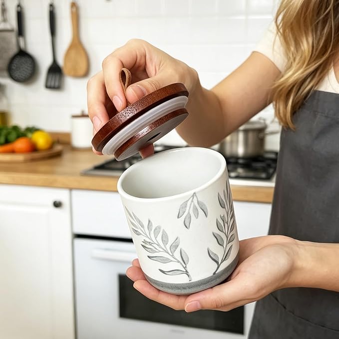 10oz Ceramic Airtight Food Storage Container with Wooden Spoon for Sugar,Matcha,Salt,Coffee,Spices,Cat Treat,Loose Leaf Tea(Gray-Green Olive Leaves)