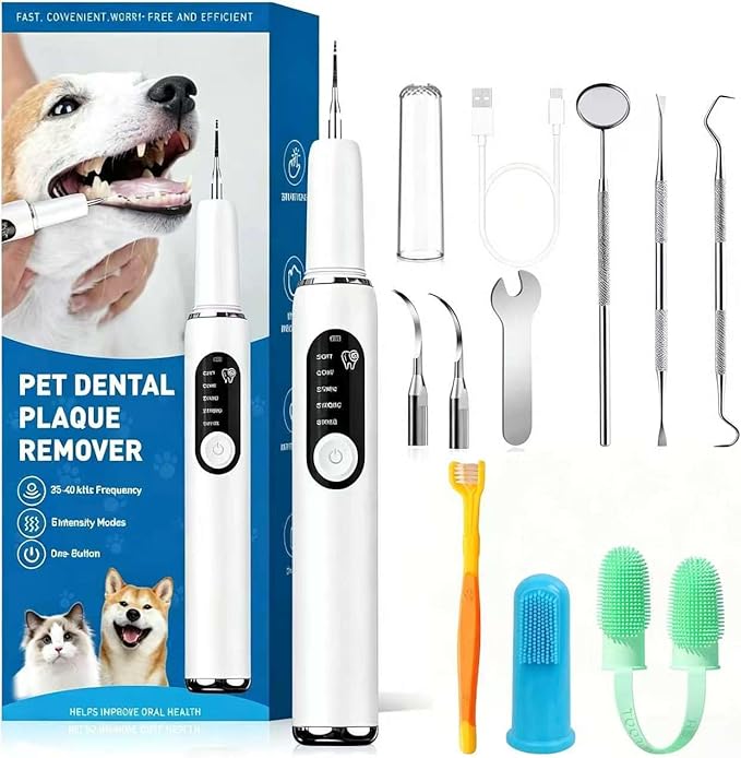 Dog Teeth Cleaning Kit Dog Plaque and Tartar Remover with LED Light 5 Adjustable Modes Electric Toothbrush Pet Teeth Cleaner for Dogs and Cats (Off-White)