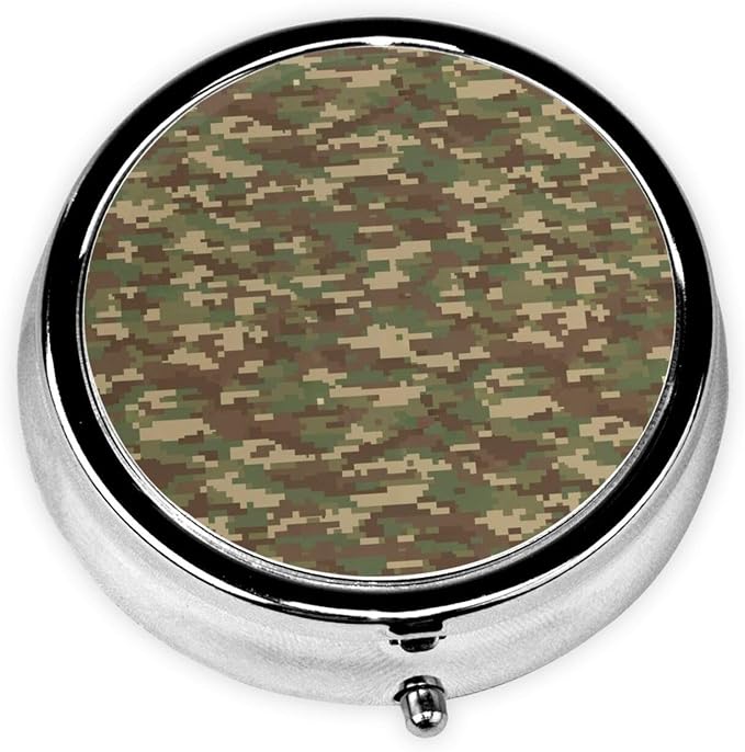 Purse Pill Organizer, Camouflage Camo Military Style Cute Round Box, Compact Case for Vitamins, Travel Dispenser Pocket Carry for Her