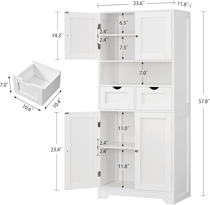 TEENFON 57.8" H Tall Bathroom Storage Cabinet with 4 Doors & 2 Adjustable Shelves, Freestanding Bathroom Cabinet with 2 Drawers, Kitchen Cabinets & Pantry, Cupboard for Kitchen, Dining Room, White
