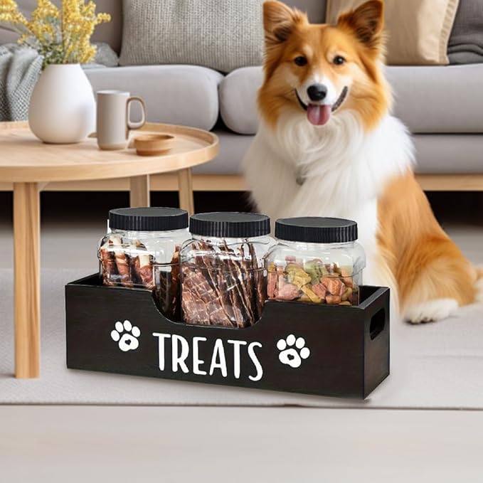 Dog Treats Container with 3 Plastic Jars, Dog Food Storage Box with Wooden Stand, Pet Treat Holder for Dogs and Cats, Airtight Dog Snacks Treat Organizer for Kitchen Counter（Black）