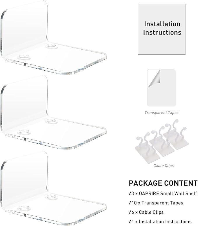 OAPRIRE Small Floating Wall Shelf Set of 3, 4" Clear Acrylic for Monitors | Universal, with Cable Clips & Tapes, No Drill, Easy to Install, Durable, Fits Security Cameras, Baby Monitors, Speakers