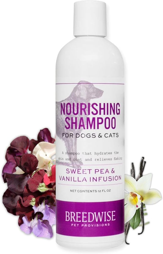 Breedwise Dog and Cat Shampoo - Hydrating Gentle Cleanse for Sensitive Skin - Supportive Flea and Tick Care - Sweet Pea & Vanilla Scent - 12oz - Made in USA