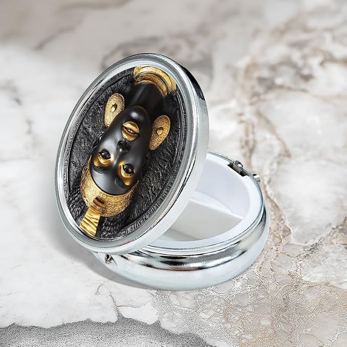 Portable Round 3 Compartment Metal Pill Box Black and Gold Pharaoh Head Wall Art for Travel Medication Organization Home Storage and Stylish Gifts