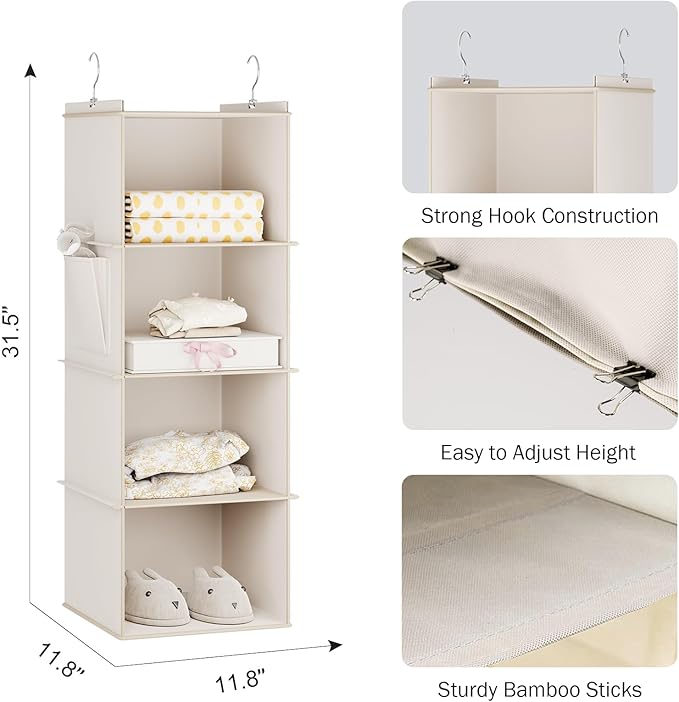 YOUDENOVA Hanging Closet Organizer and Storage for Clothes, 4-Shelf, Beige | Locker/RV/Camper Organizer, Side Pocket, Hanging Shelves for Small Closet, Dorm Room Essentials for Guys, Breathable Fabric