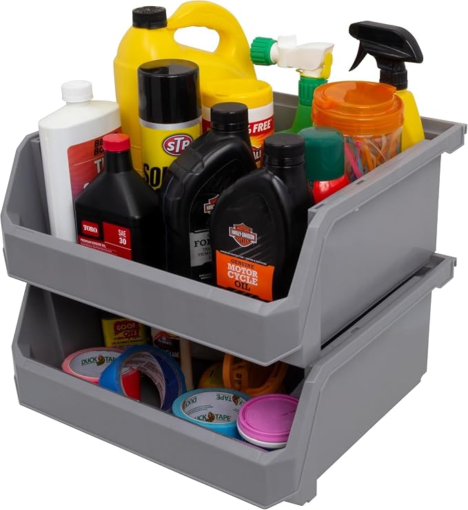 Extra Large Stackable Plastic Storage Bins, 4-Pack, Grey | Open-Front Stackable Bins For Garage, Pantry, Closet & Office, 14,8"L X 16,5"W X 7"H, Nests When Empty, Durable Plastic,