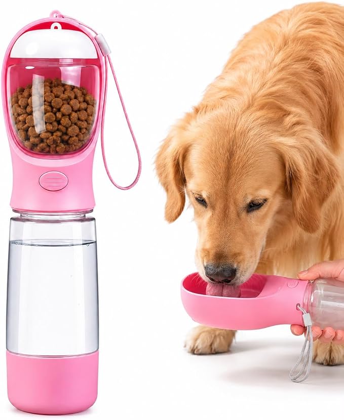 Portable Dog Water Bottle with Bowl, Food Container & Poop Bag Holder, 13.5 oz, Leak Proof Travel Pet Water Bottle for Dogs & Cats, Food Grade Plastic Dispenser for Walking, Hiking & Camping (Pink)