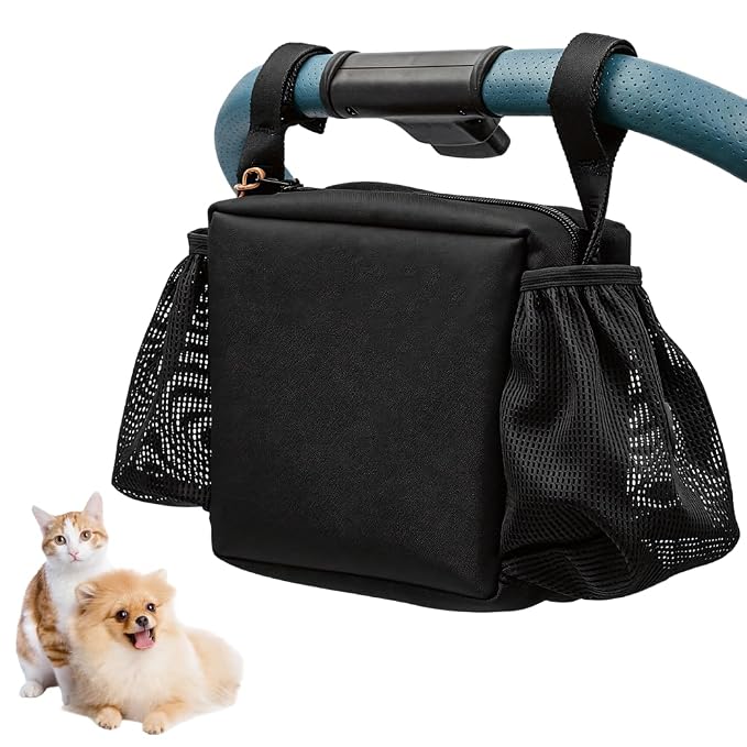 Dog Stroller Organizer Bag, Portable Spacious Compartments Pet Stroller Caddy Bag with Hook-and-Loop Straps & Side Mesh Pockets for Dog Cat Supplies Outdoor Travel