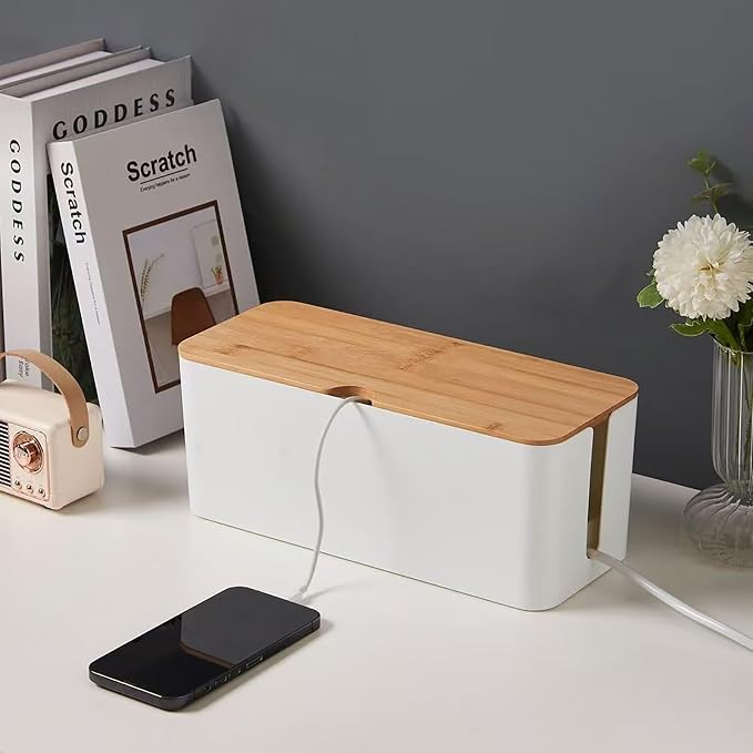 Cable Management Box Wire Organizer for Power Strip Hiding | Bamboo Lid,Large Dual-side Opening Design,Kid & Pet Friendly,for Office,Desks, TV Areas,Floor Corners,White
