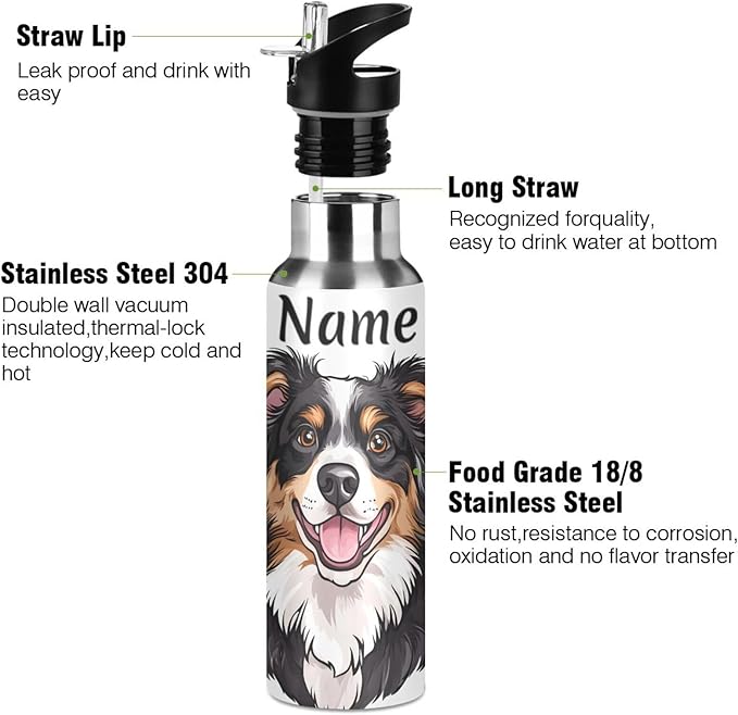 Custom Name Bernese Dog Hearts Water Bottle with Straw Lid Kids Insulated Stainless Steel Water Flask Sports, 20 Oz Hot Cold