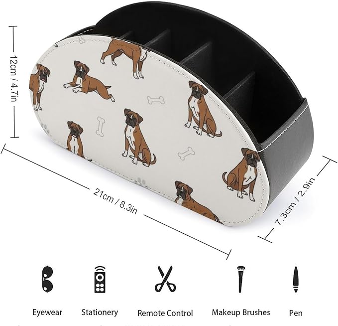 TV Remote Control Holder Boxer Dog Pet Desktop Storage Caddy Box | Pu Leather Makeup Brush Organizer with 5 Compartments, Boxer Dog Pattern Dog Lover Pet, Fit for Media Player, Office Supplies