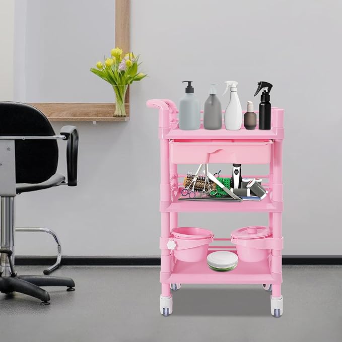 Mobile Salon Storage Cart with Wheel and Drawer, Portable 3-Tier Professional Trolleys, 176 Lbs Load Utility Tool, for Barber Stores, Spas, Homes, Beauty Store, Pet Shops (Pink)