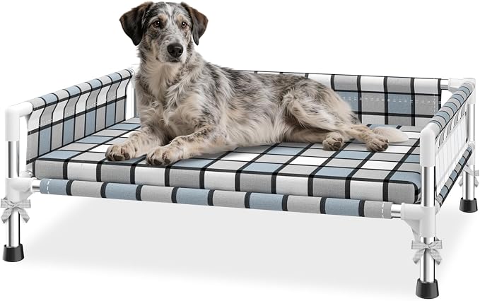 Elevated Dog Bed with with Guardrail & Cushion, Raised 3-Fence Dog Bed | Breathable Lifted Stainless Steel Frame Dog Hammock Bed with Mat for All Pets, Cooling Washable Dog Cot