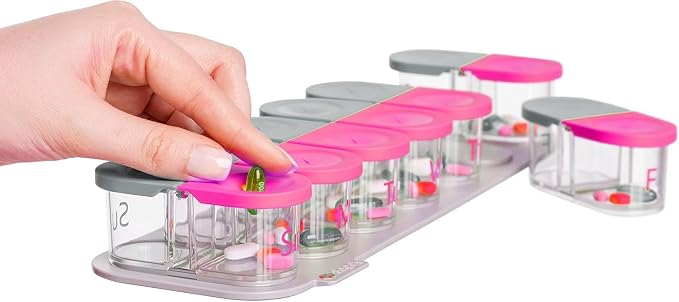 Sagely XL Pill Organizer, Weekly Pill Box, Cute Durable Magnetic Removable Pods, Easy to Use, Spill Proof, Extra Large Enough to Fit Fish Oil, Cod Liver Oil, Supplements & Vitamins (Pink/Gray)
