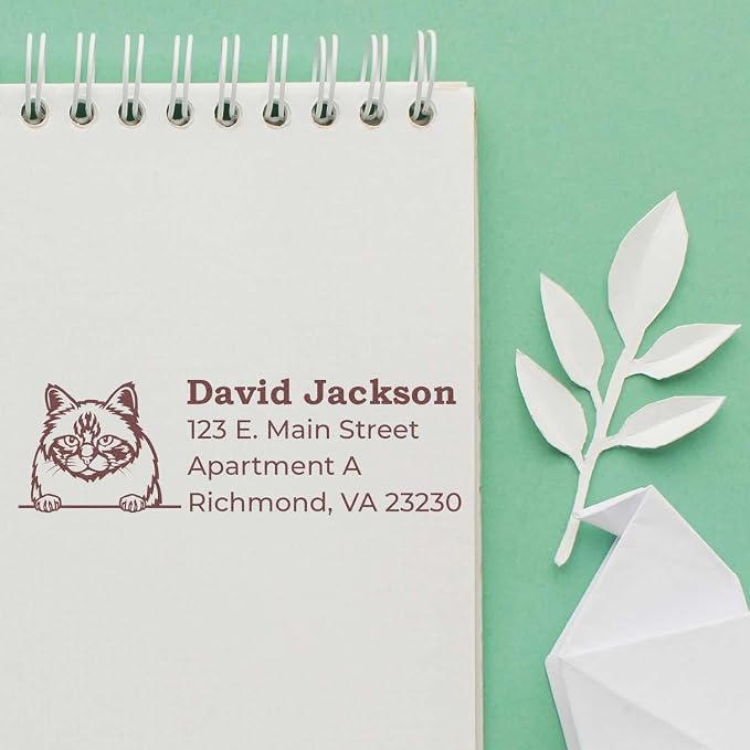 Peeking Birman Cat Wood Handle Address Stamp - Custom Stamp for Envelopes | Birman Cat Gift Address Stamp. Classic hand stamp. Personalized Return Address Stamp for Pet Sitters. 4 lines. Laser-cut.