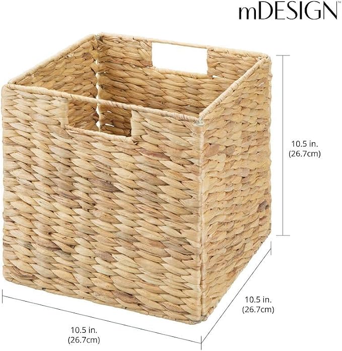 mDesign Natural Woven Hyacinth Cube Organizer Basket with Handles, Storage for Bathroom, Laundry Room Shelf or Nursery - Perfect for Cubby Storage Units - Hold Blankets and Books - 4 Pack, Natural/Tan