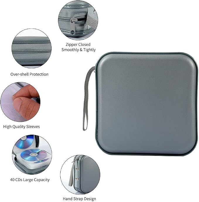 CD Case, 40 Capacity CD DVD Case Wallet Holder Portable Disc VCD Heavy Duty Binder Storage Organizer (Silver)