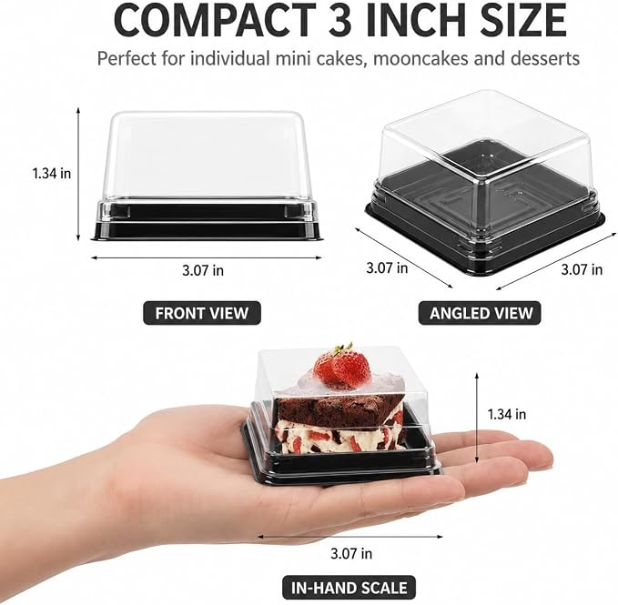 DOITOOL 100 Pcs 3 Inch Mini Cake Containers Plastic Square | Individual cupcake containers with lids, mini cake boxes for muffin mooncake, macarons, dessert, wedding birthday supplies
