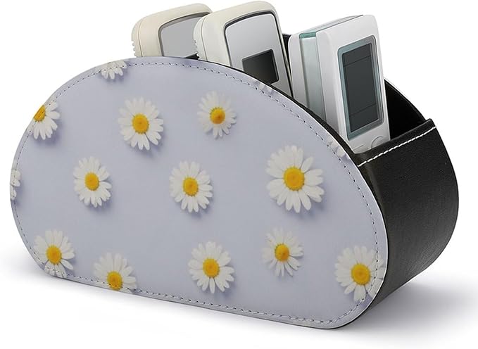 Pu Leather Remote Control Holder Box Daisy Flower Purple Desk Storage Caddy | with 5 Compartments, Daisy Flower Purple Office Supplies Table Decor for Media Player, Stationery, Makeup Brush