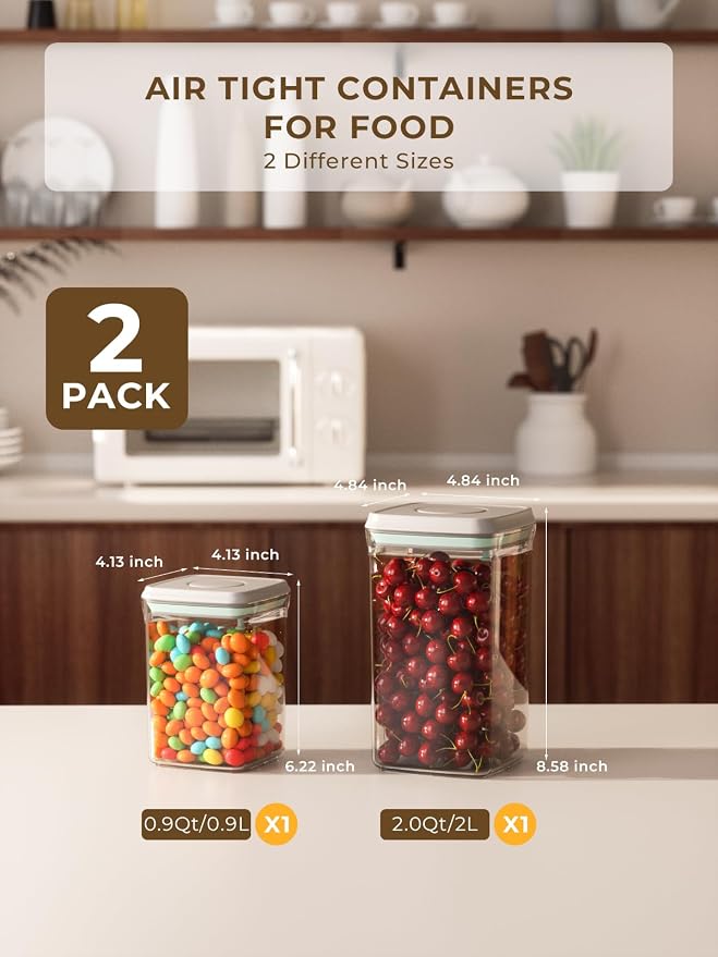 Airtight Food Storage Containers, 2.0 Qt & 0.9 Qt, One-Touch Pantry Set | Clear Stackable Pantry Canisters for Coffee Stations, Breakfast Corners, Baking Areas and Everyday Dry Food Organization