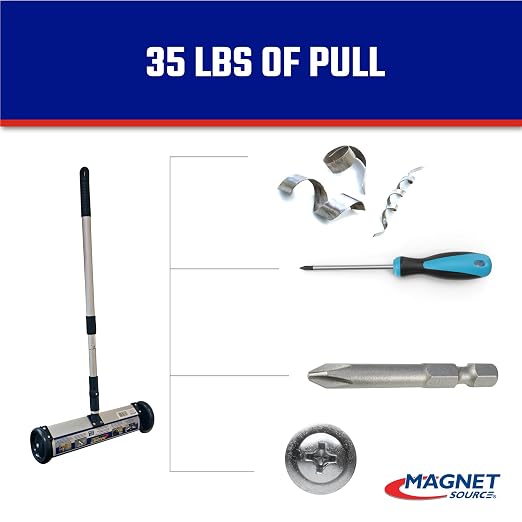Master Magnetics Magnetic Sweeper with Wheels - Mini Push-Type with Release and Telescoping Handle - Powerful Magnetic Tool for Yard - Pick Up Nails and Other Metal Debris - Strong 35 lb Pull - 13”