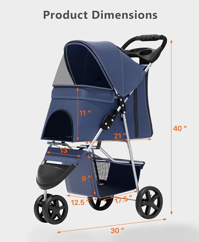 OS MOTOR 3 Wheels Pet Stroller for Small Medium Pets, Navy Blue | Foldable Carrier Jogger, Rear Wheel Breaks, Storage Basket, Visible Mesh Weather Cover, Portable, Dog, Cat, Puppy, Kitty