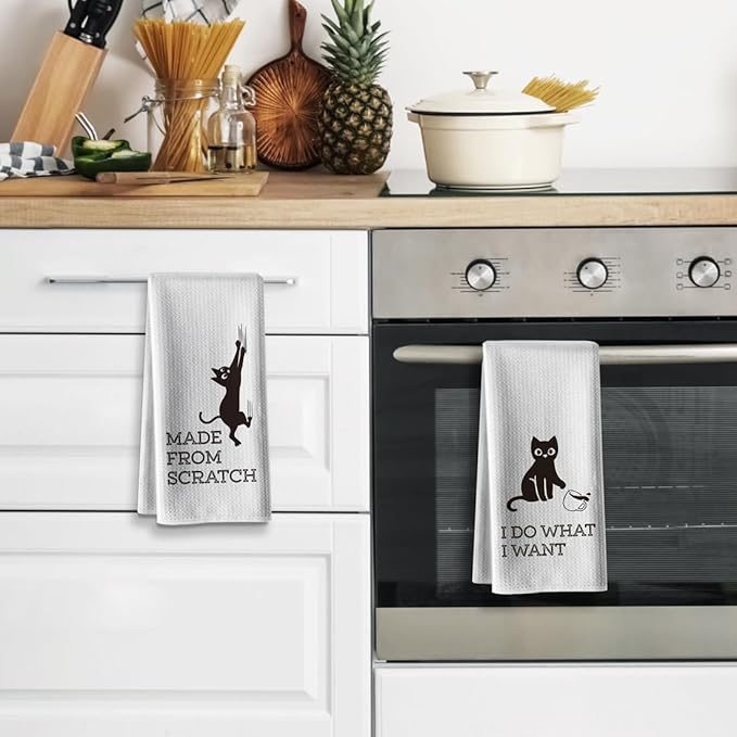 Cat Themed Funny Dish Towels, 16 x 24Inch, 2 Pack, Flour Sack, High Absorbent Tea Towels for Cat Lovers