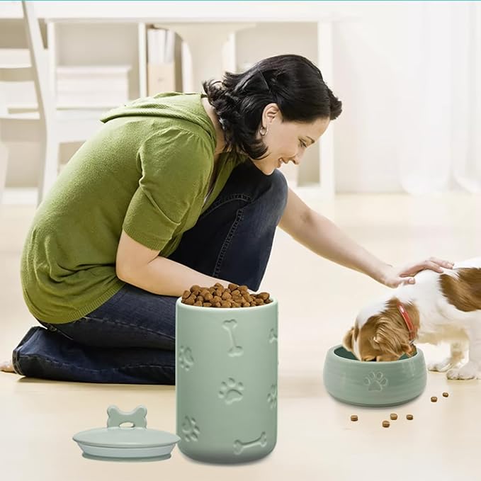 Dog Treat Container Airtight - 9"x5" Ceramic Big Treats Jar with Lid(Green) | Large Capacity Doggie Cookie Jar for Countertop, Airtight Lid Keep Food Fresh, Sturdy Durable, Cute Prints and Bone Handle