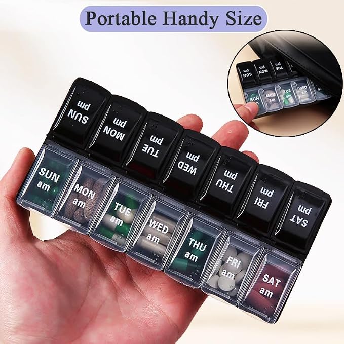 Daily Pill Organizer Box, Travel Large Size Pill Case Dispenser | 14-day Weekly Medicine Supplement Holder, Portable Vitamin Sorter Fish Oil Capsule Tablet DHA Container, Black + Transparent