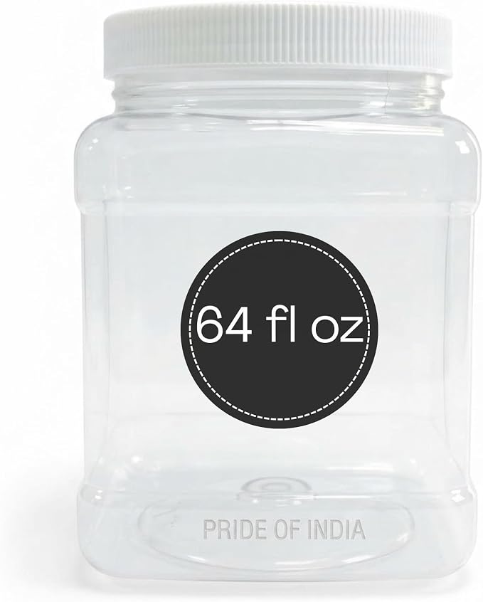 Clear Food Grade PET Plastic Square Grip Storage Jar w/Cap | 64 Fluid Ounces 7-8 Cup Storage Capacity | BPA Free USA Made | by Pride Of India