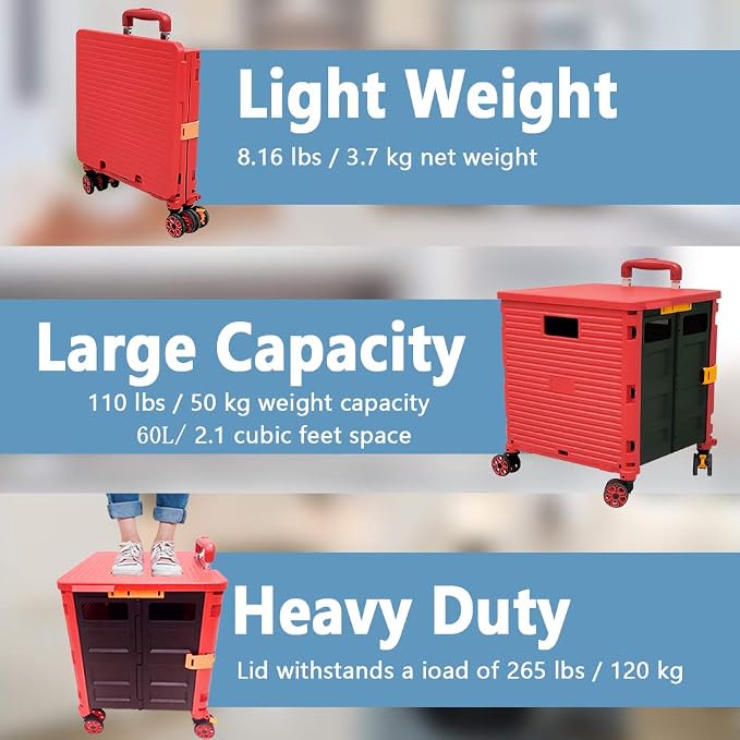 FELICON SELORSS Foldable Utility Cart Folding Portable Rolling Crate-Red | Durable,Heavy Duty,Plastic Box,Telescoping Handle,4 Rotate Wheels,Collapsible Handcart for Travel Shop Move Luggage Office